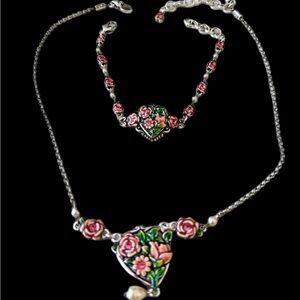 Brighton Silver-Tone Heart Necklace and Bracelet Set with Pink Enamel Roses Rare